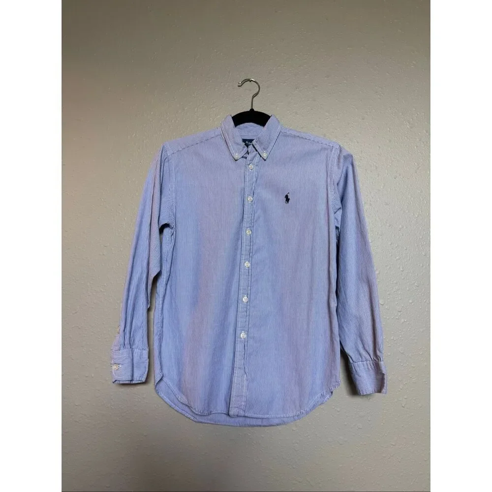 Ralph Lauren Boys Blue Stripe Button Down Shirt Cotton M 10-12